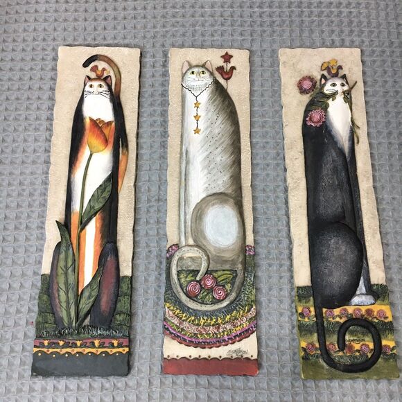 E. Smithson Cat Folk Art 3D Wall Plaques Resin Signed Whimsical 3"x11 Set of 3 - Picture 1 of 10